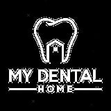 My Dental Home logo with tooth outline and house symbol on black background