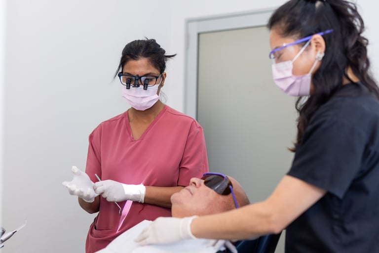 Two healthcare workers wearing masks and gloves examine a patients arm in a clinical setting